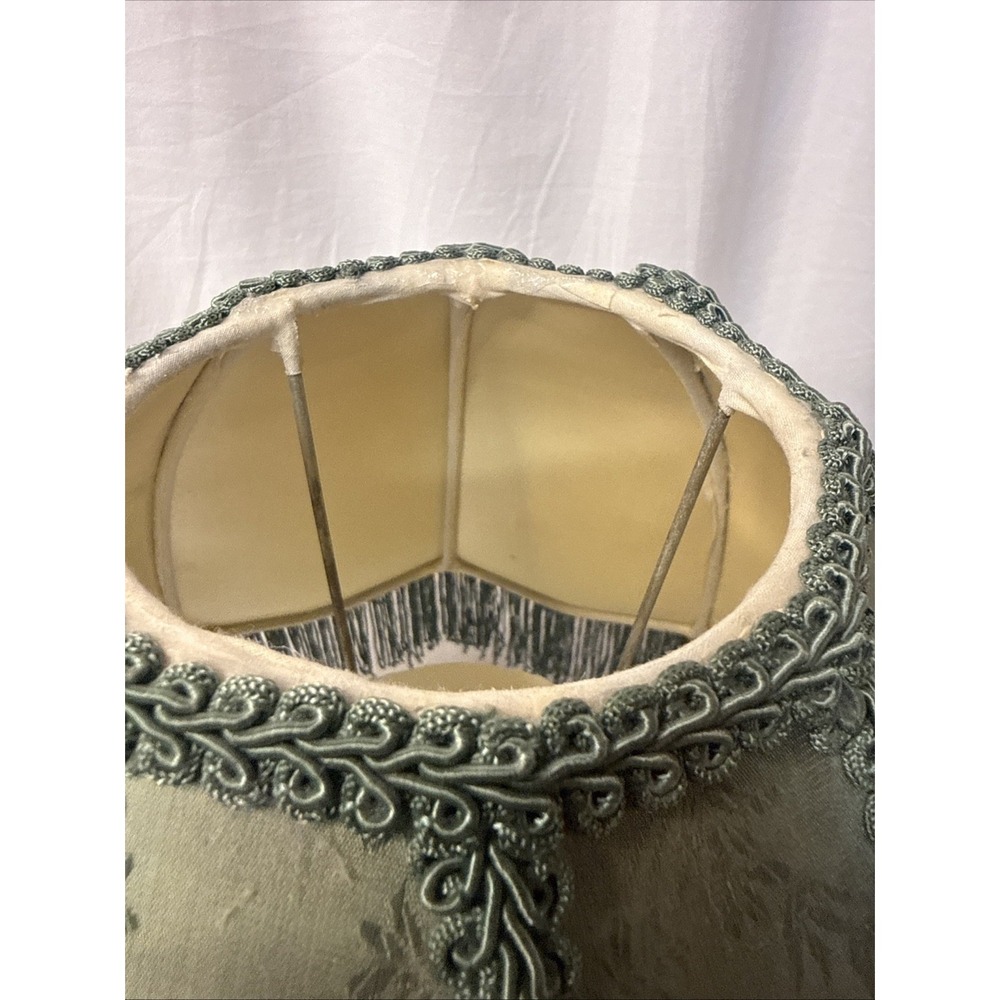 Vintage Victorian Style Green Lamp Shade Damask Brocade Fabric Fringe Floral - Picture 2 of 8